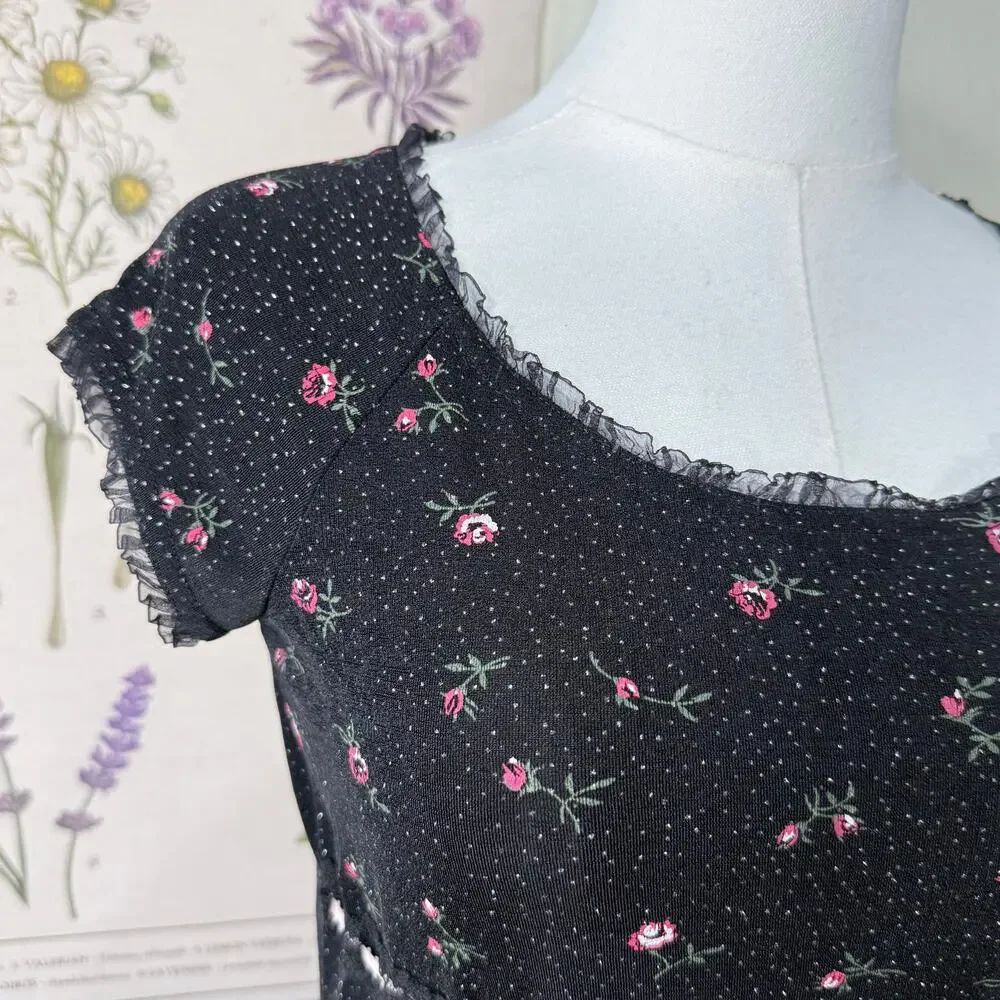 90s Y2k Floral Glitter Slinky Stretch Babydoll Dress Romantic Coquette Dolly S - Picture 3 of 7